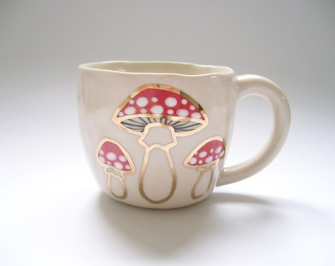 Hand Painted Mushroom Mug with Gold