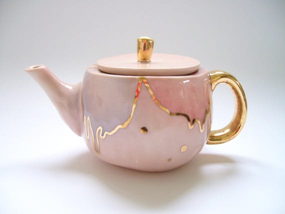 Flawed- Pink Drippy Rainbow Gold Teapot- READ ITEM DESCRIPTION