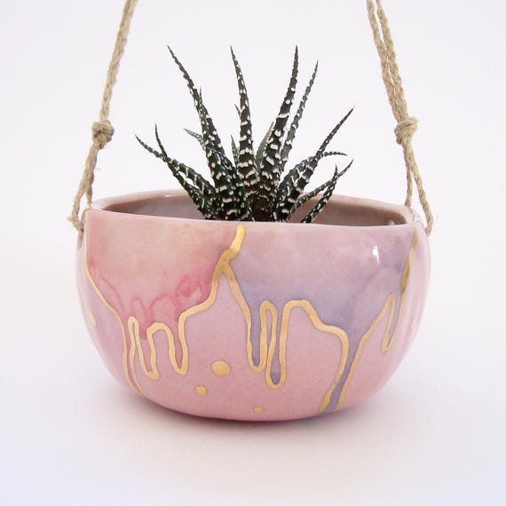 Pink Drippy Rainbow Gold Hanging Planter- with one drainage hole