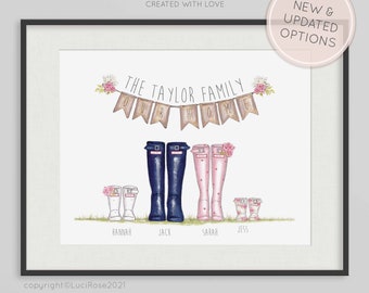 Personalised Family Wellington Boot Personalised Family Print Gift Welly  Family Art Wellie Boots Print Family Print