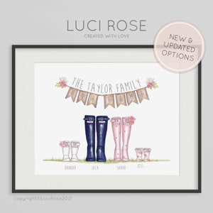 FAMILY WELLINGTON BOOT PRINT Family Print Personalised Family Print A4 UNFRAMED
Beautiful Family Print of artists original work, personalised to your request. The perfect gift or finishing touch for your own home which can include all the family
