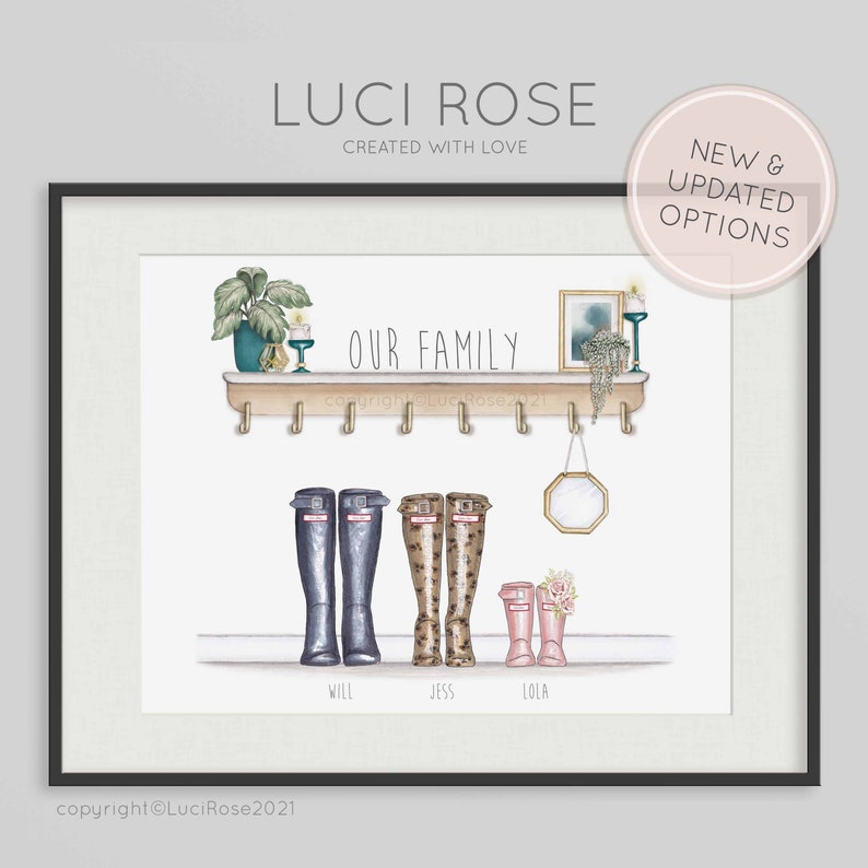 FAMILY WELLINGTON BOOT PRINT Family Print Personalised Family Print A4 UNFRAMED
Beautiful Family Print of artists original work, personalised to your request. The perfect gift or finishing touch for your own home which can include all the family