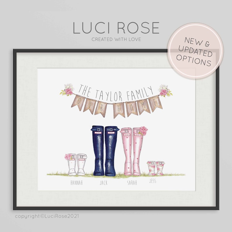 FAMILY WELLINGTON BOOT PRINT Family Print Personalised Family Print A4 UNFRAMED
Beautiful Family Print of artists original work, personalised to your request. The perfect gift or finishing touch for your own home which can include all the family