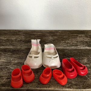 Vintage 1950s Doll Shoes: Red & White Plastic, Knit Socks