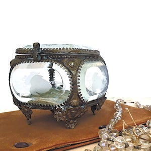 Vintage French Ormolu Jewelry Box: Etched Beveled Glass, Floral Design