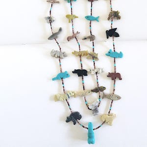 Vintage Zuni Fetish Necklace, Carved Turquoise Bear Totem, 27 Natural Stone Animals, gift for her