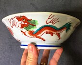 Vintage Red Dragon Bowl - hand painted porcelain - Chinese Rice or Soup Bowl - Asian Decor