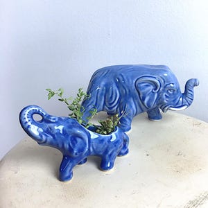 Vintage Blue Elephant Trunk up for Good Luck Figural Ceramics, Midcentury Planter