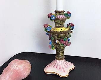 Vintage Porcelain Floral candlestick, Capodimonte Candleholder 1940's Italy
