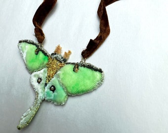 Vintage Velvet Embroidered Luna Moth, handcrafted Amulet Necklace Slow stitching