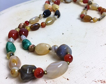 Vintage Gemstone Necklace, Multicolored Semi precious and Agate Stones, 1960's Bead Necklace