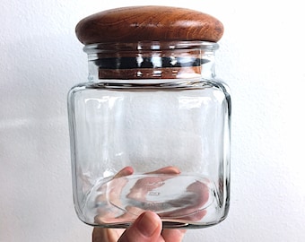 Vintage Teak Square Glass Storage Canister, 1970&#39;s Kitchen storage Jar, Dolphin Glass USA