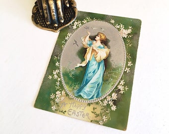 Vintage 1910s Embossed Easter Postcard: Victorian Woman & Flowers