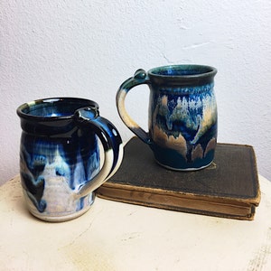 Vintage Studio Pottery Mugs: Drip Glazed Coffee Mugs, Aurora Borealis Blues
