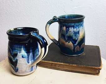Vintage Studio Pottery Mugs, Pair of Modern drip glazed Coffee Mugs, Wedding Gift