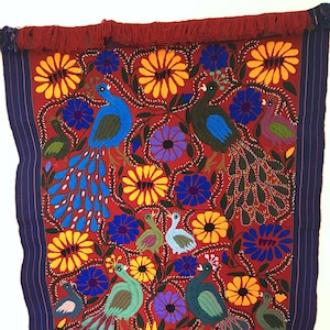 Vintage Embroidered Chiapas Mexican Folk Art Tapestry, Bed Runner, Wall Hanging