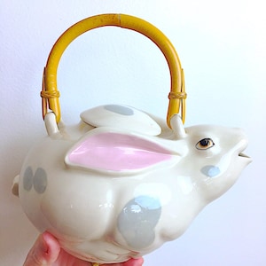 Vintage Animals and Company Rabbit Teapot, hand painted Porcelain, Bamboo Handle