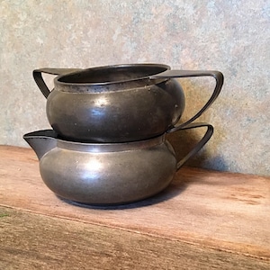 Vintage Pewter Creamer and Sugar Bowl, Modern Farmhouse Kitchen