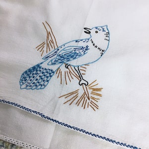 Vintage Embroidered Blue Jay Table linen, White Cotton Square Tablecloth