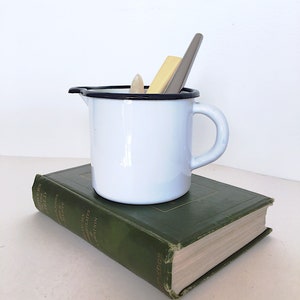Vintage Enamel Milk Pitcher, 2 Cups, Black and White Rustic Farmhouse Pitcher