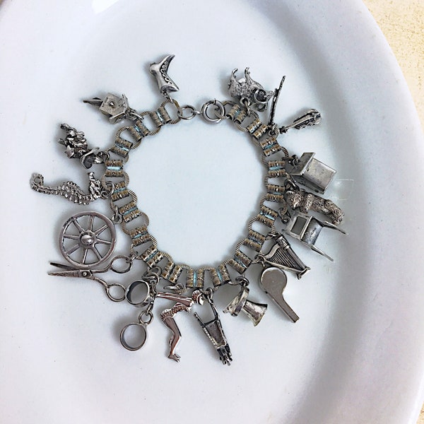 Vintage Sterling Silver Charm Bracelet, Victorian Book Chain Bracelet
