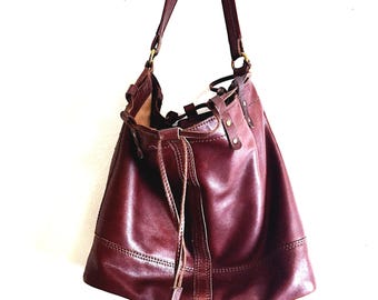 Vintage Leather Drawstring Bucket Bag, large Shoulder Bag, Lucky Brand