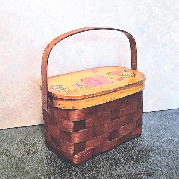 Vintage Folk Art Basket Purse, Caro Nan Style, Hand painted Woven Handbag