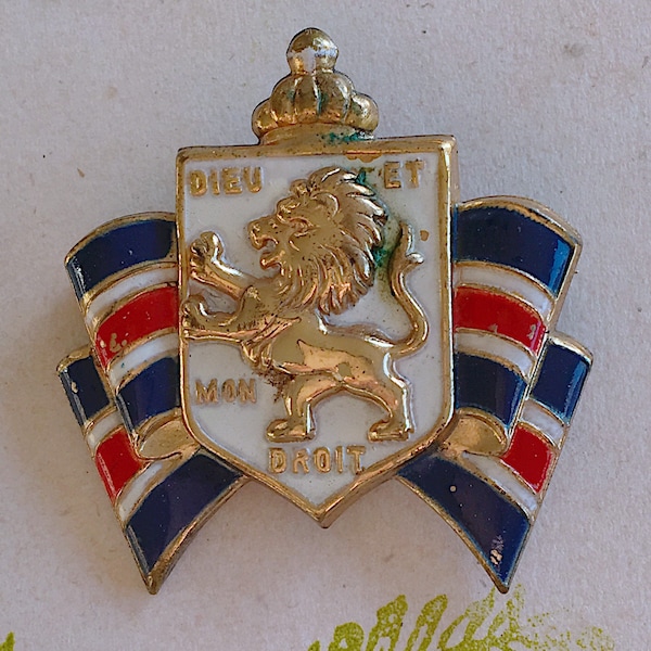 Vintage WWII British War Relief Society Brooch, 1940’s Lion Shield Crest, Signed Enamel Gold Crown, Dieu Et Mon Droit