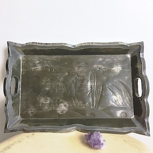 Vintage Silver Metal Folk Art Tray, 1940&#39;s Mexico embossed Tin over wood, Small Rustic Tray