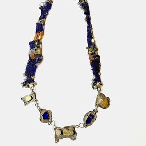 Vintage Sterling Silver Beachcomber Necklace, Agates, Polished stones, Antique Beads and button, loomed seed bead sections