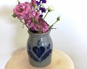 Vintage Salt Glazed Stoneware Crock, Cobalt Blue Heart Design, Farmhouse Kitchen Valentine 39 s Day gift