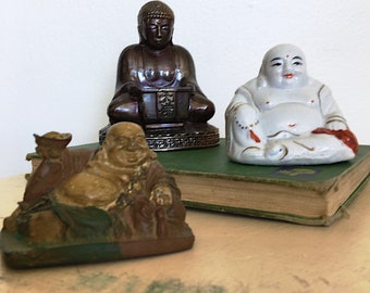 Vintage Buddha Collection, Metal Incense Burner, Porcelain Chinese Buddha, Clay Prosperity Buddha