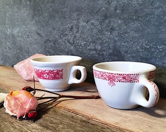 Vintage Diner Mugs, Pink Floral Ironstone Cups, 1940's Restaurant Ware
