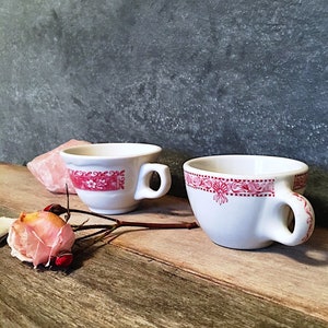 Vintage Diner Mugs, Pink Floral Ironstone Cups, 1940&#39;s Restaurant Ware