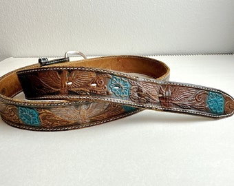 Vintage Tooled Leather Belt, Eagles and Flowers, 1970's Rockabilly Western Wear, size 38