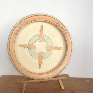 Vintage Roseville Bunnies Baby Plate, 1920&#39;s Pottery, Farmhouse Kitchen, Cottage Core, Nursery Decor