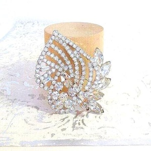 Vintage White Rhinestone Brooch, Art Deco Midcentury Leaf Shaped Large Rhinestone Pin, Wedding Jewelry