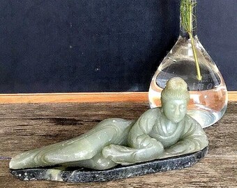 Vintage Reclining Buddha, Carved Celadon Soapstone, Meditation Spiritual Decor