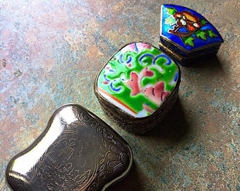 Vintage Cloisonne Pill box, Chinese Pottery Ring Box, Etched Silver Metal box