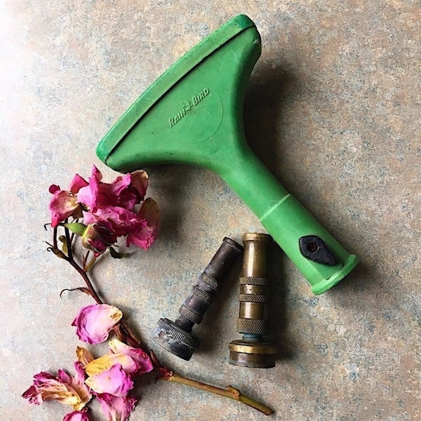 Vintage Brass Hose Nozzles, Rainbird Green Fan Sprinkler, Midcentury Gardener's gift