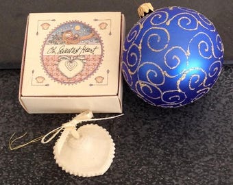 Vintage Margaret Furlong Shell ornament, West German Blue Glass Mica Swirl Christmas ball