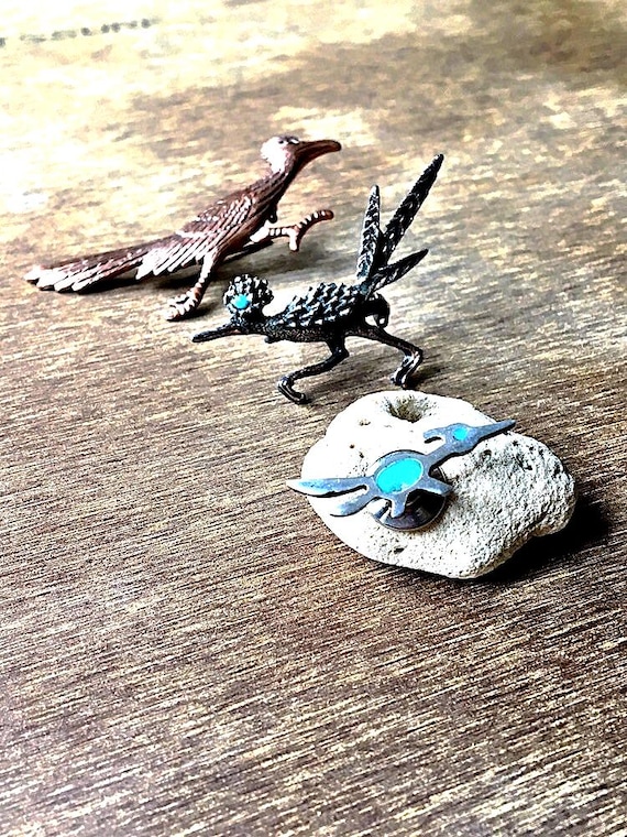 Vintage Turquoise Silver Roadrunner Tie Tack, Copper Roadrunner Scatter Pins, Southwest jewelry