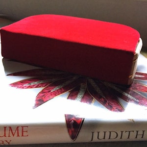 K&ouml;nnte beinhalten: Eine rechteckige, rote Samt-Schmuckschatulle mit goldenem Rand liegt auf einem Buch mit dem Titel "Judith". Die geschlossene Schatulle enth&auml;lt wahrscheinlich Schmuck oder andere kleine Wertgegenst&auml;nde. Das Buchcover zeigt ein rot-wei&szlig;es Design.