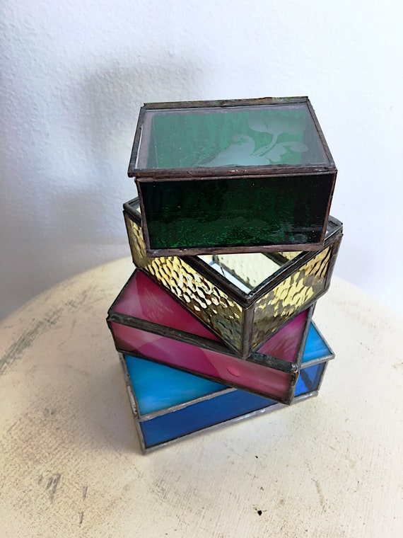 Vintage StainedGlass Trinket Boxes, Artisan signed h… Gem