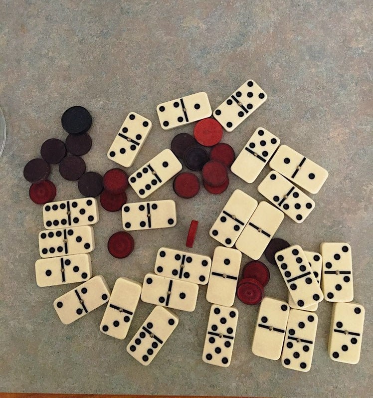 Vintage Double Six Dominos with Brass pins, Wooden Checkers, Game Pieces, Art Assemblage