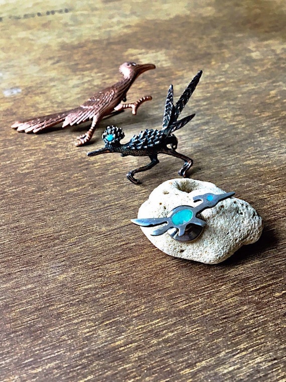 Vintage Turquoise Silver Roadrunner Tie Tack, Cop… - image 1