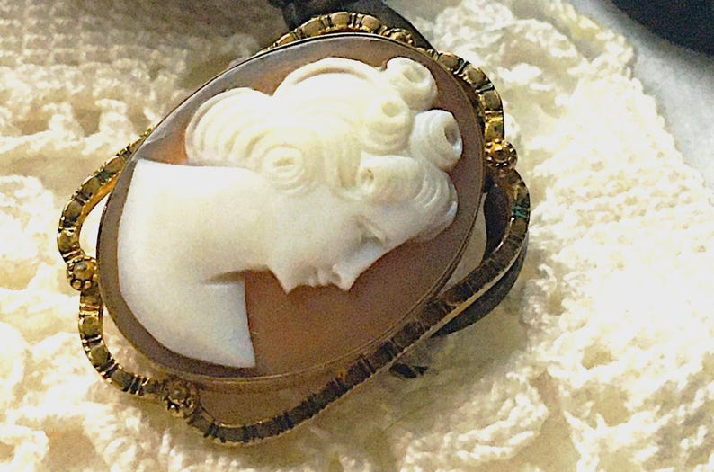 May include: An oval cameo brooch featuring a white carved profile of a person with curled hair set against a brown background. The cameo is encased in a decorative gold-toned metal frame with intricate textured detailing along the edges.