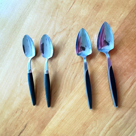 Vintage Black Bakelite Stainless Steel Grapefruit Spoons, Made in