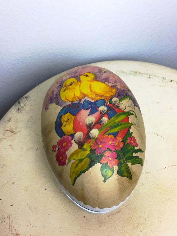 Vintage Erzgebirge Paper Mache Easter Egg, large German Paper Candy box, Spring Decor