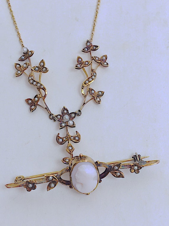 Vintage Victorian 14K Gold Seed Pearl Lavalier Ne… - image 1